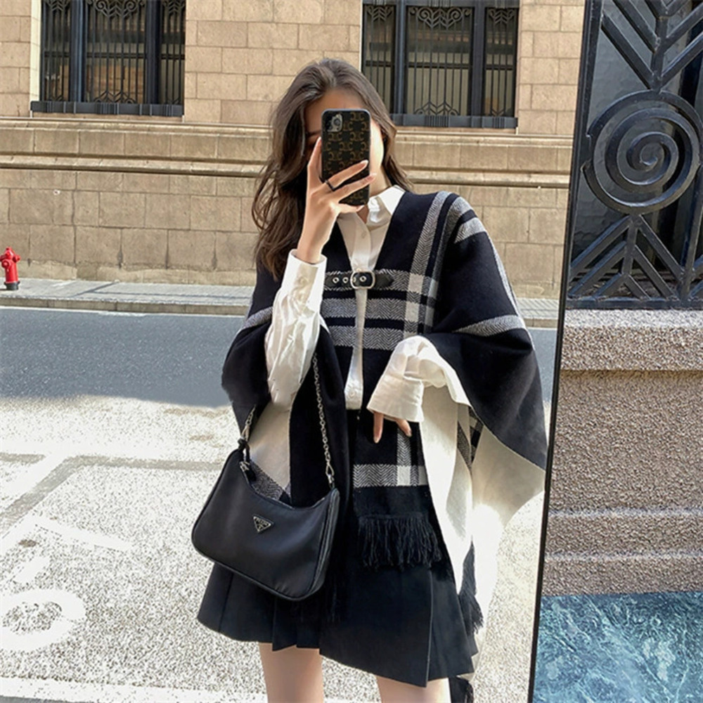 ZARA Women Autumn Plaid Reversible Knit Cape Coat Korean Style Shawl Outerwear